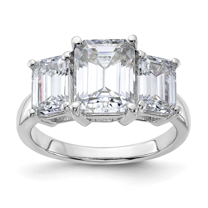 14kw 4 3/4ct. Three Stone G H I True Light Emerald-cut Moissanite Ring