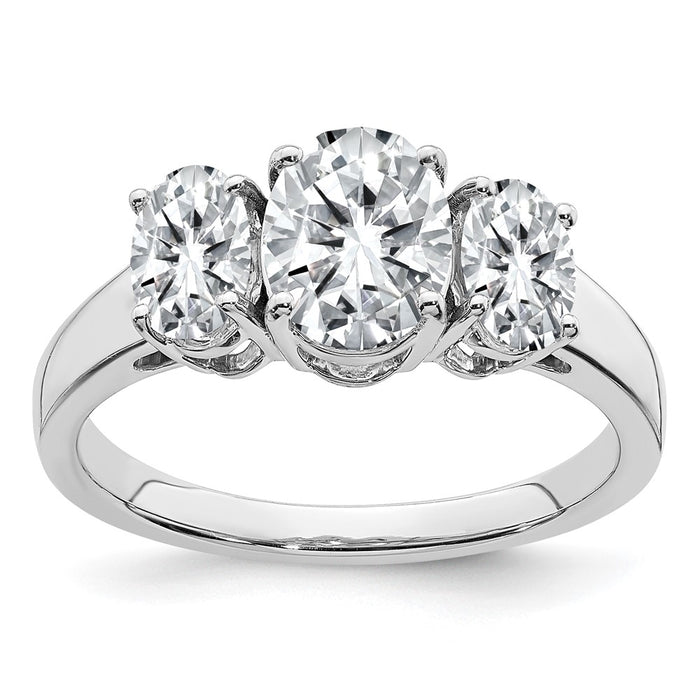 14kw 2 7/8ct. Three Stone G H I True Light Oval Moissanite Ring