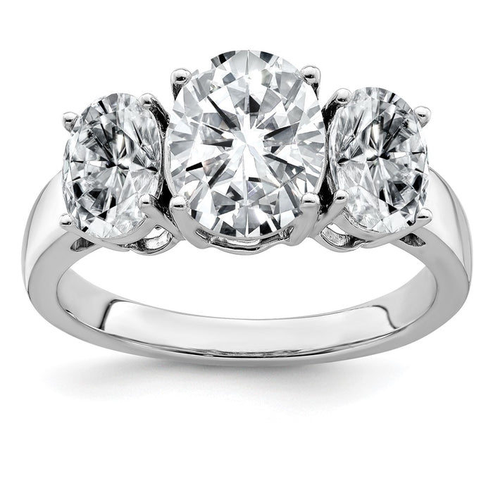14kw 4 3/4ct. Three Stone G H I True Light Oval Moissanite Ring