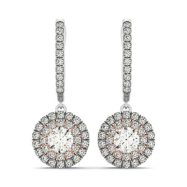 14k White And Rose Gold Drop Diamond Earrings with a Halo Design (3/4 cttw) Earrings Angelucci Jewelry