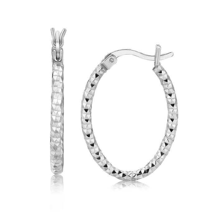 Sterling Silver Hoop Diamond Cut Texture Earrings with Rhodium Plating Earrings Angelucci Jewelry