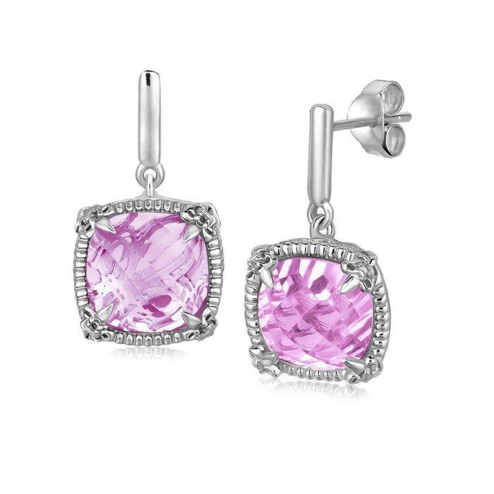 Sterling Silver Pink Amethyst and White Sapphires Fluer De Lis Drop Earrings Earrings Angelucci Jewelry