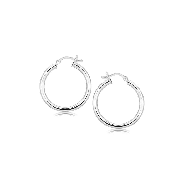 Sterling Silver Rhodium Plated Polished Look Hoop Earrings (25mm) Earrings Angelucci Jewelry