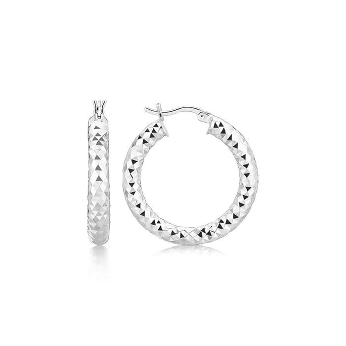 Sterling Silver Thick Rhodium Plated Faceted Design Hoop Earrings Earrings Angelucci Jewelry