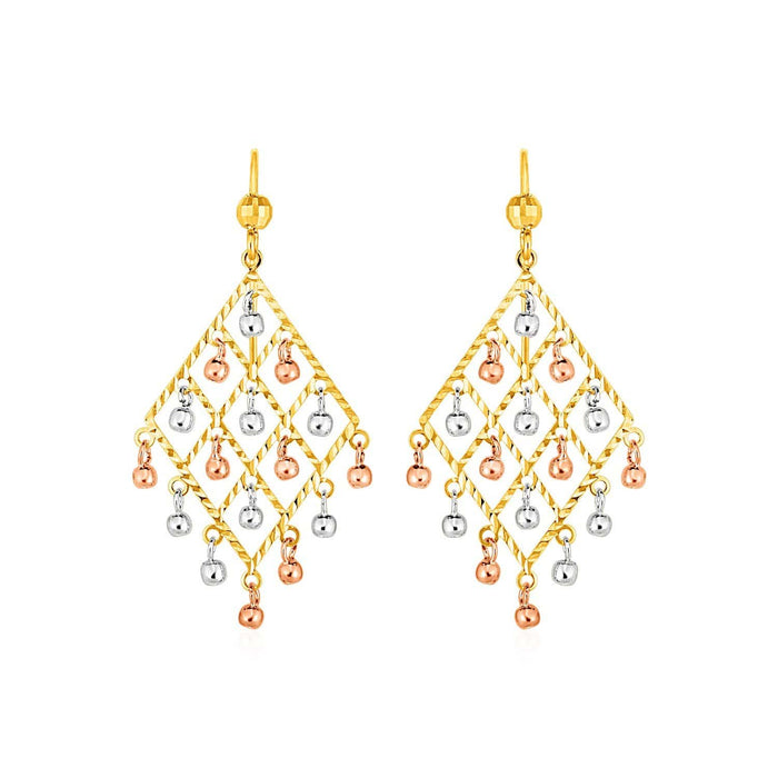 Textured Chandelier Earrings with Ball Drops in 14k Tri Color Gold Earrings Angelucci Jewelry