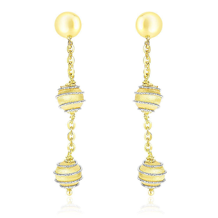 14k Two-Tone Gold Coil Wrapped Ball and Chain Dangling Earrings Earrings Angelucci Jewelry