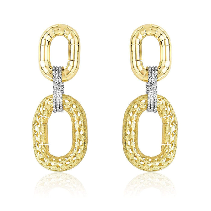 14k Two-Tone Gold Diamond Cut Texture Oval Shape Drop Earrings Earrings Angelucci Jewelry