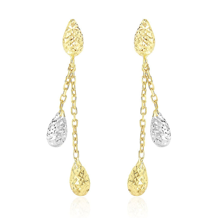 14k Two-Tone Gold Double Row Chain Earrings with Diamond Cut Teardrops Earrings Angelucci Jewelry