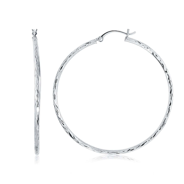 14k White Gold Diamond Cut Hoop Earrings (1 3/4 inch Diameter) Earrings Angelucci Jewelry