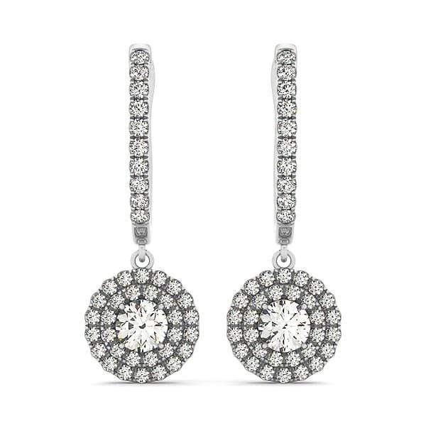 14k White Gold Double Halo Round Diamond Drop Earrings (1 cttw) Earrings Angelucci Jewelry