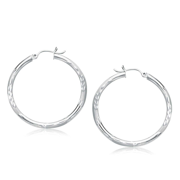 14k White Gold Fancy Diamond Cut Hoop Earrings (35mm Diameter) Earrings Angelucci Jewelry