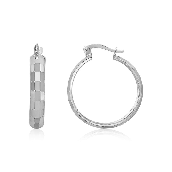 14k White Gold Geometric Textured Hoop Style Earrings Earrings Angelucci Jewelry