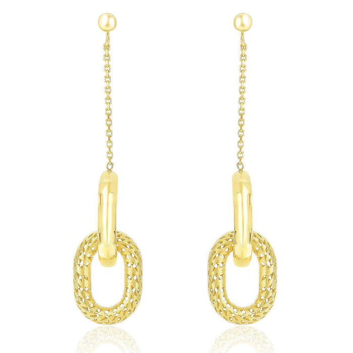 14k Yellow Gold Chain and Oval Motif Weave Style Dangling Earrings Earrings Angelucci Jewelry