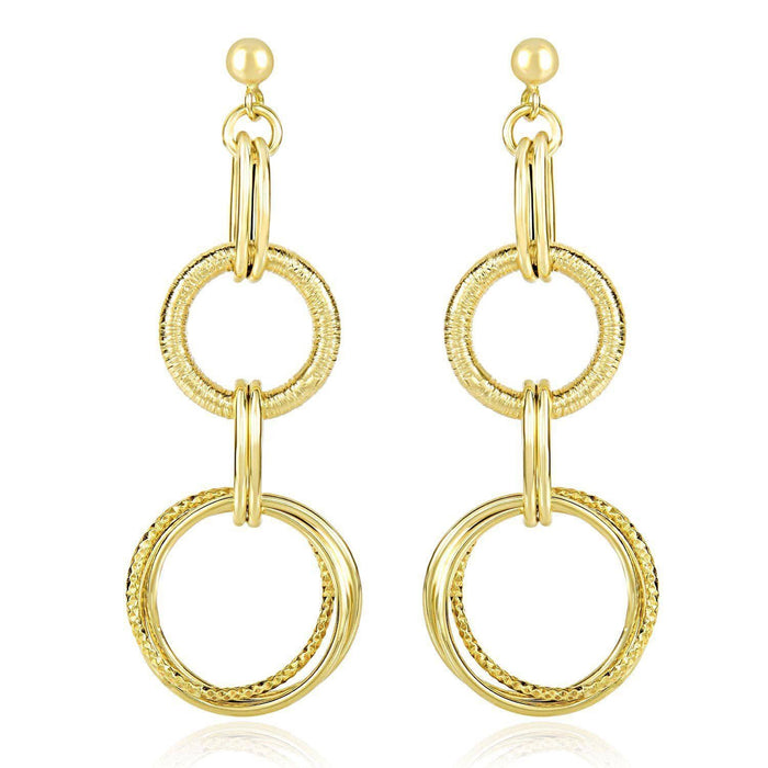 14k Yellow Gold Dangling Earrings with Multi-Textured Entwined Circles Earrings Angelucci Jewelry