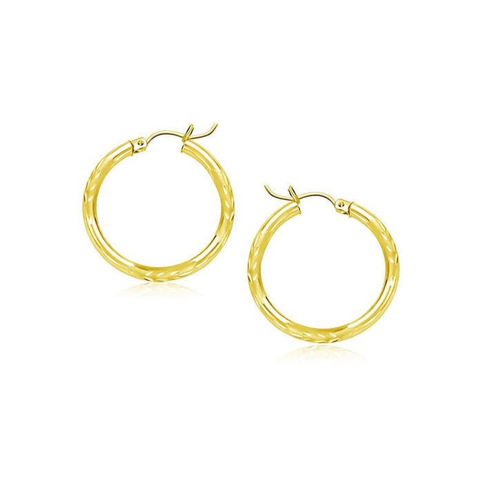 14k Yellow Gold Fancy Diamond Cut Slender Small Hoop Earrings (15mm Diameter) Earrings Angelucci Jewelry
