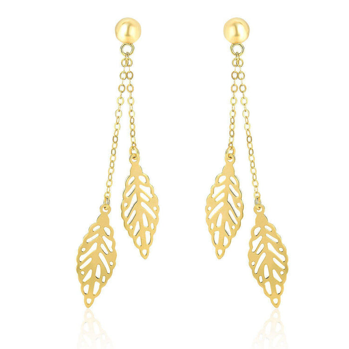 14k Yellow Gold Filigree Leaf Double Strand Dangling Earrings Earrings Angelucci Jewelry
