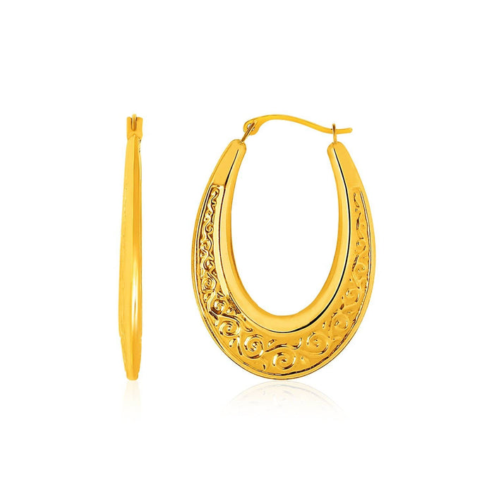 14k Yellow Gold Graduated Oval Hoop Earrings with Swirl Design Earrings Angelucci Jewelry
