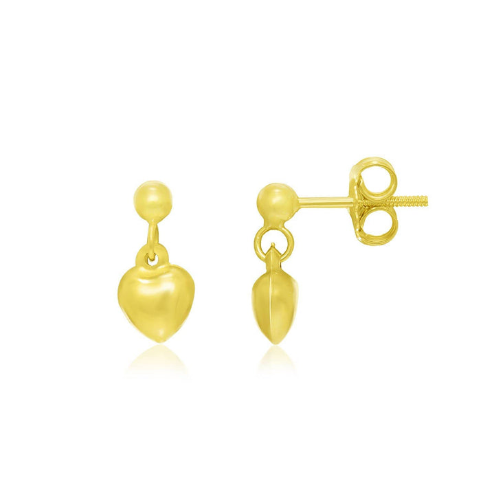 14k Yellow Gold Puffed Heart Children's Dangling Earrings Earrings Angelucci Jewelry