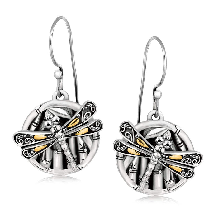 18k Yellow Gold and Sterling Silver Branch and Dragonfly Design Earrings Earrings Angelucci Jewelry