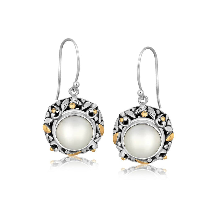 18k Yellow Gold and Sterling Silver Pearl Drop Earrings with Leaf Ornaments Earrings Angelucci Jewelry