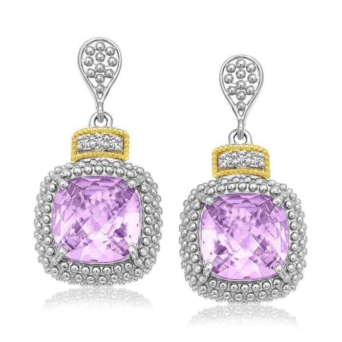 18k Yellow Gold & Sterling Silver Cushion Amethyst & Diamond Earrings (.05cttw) Earrings Angelucci Jewelry