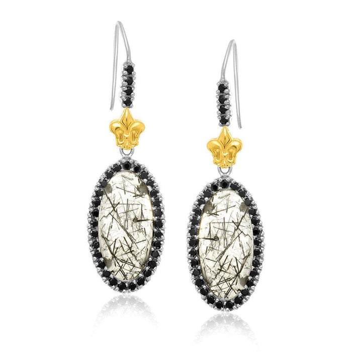 18k Yellow Gold & Sterling Silver Rutilated Quartz Fleur De Lis Drop Earrings Earrings Angelucci Jewelry