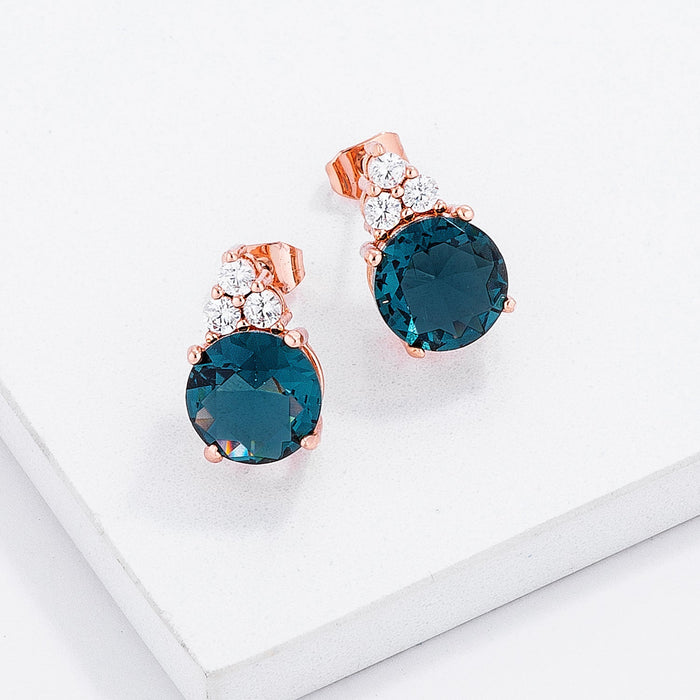 Simple Rose Gold Plated 9mm Blue Green CZ Stud Earring