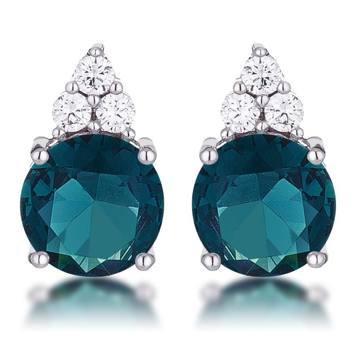 Simple Rhodium Plated 9mm Blue Green CZ Stud Earring