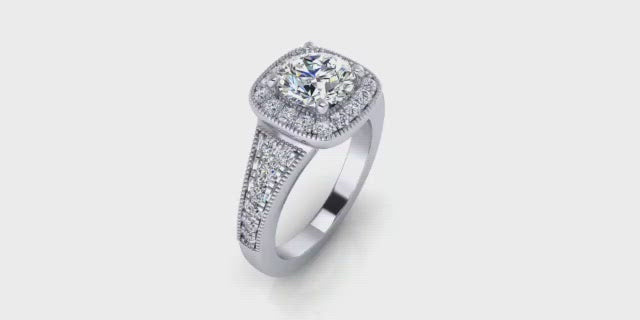 One Carat Round Halo in 14 Karat Gold with Square Border, Thicker Band and Milgraine Borders-Angelucci Jewelry