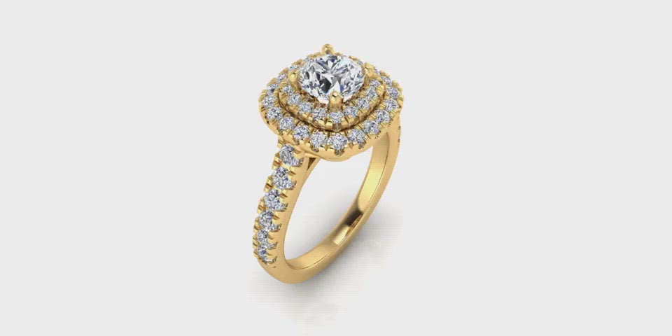 Round Shape 14-Karat Double Halo Diamond Engagement Ring with Large Side Diamonds-Angelucci-Jewelry