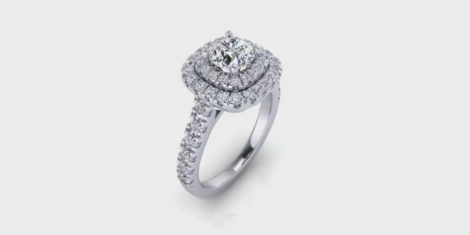 Round Shape 14-Karat Double Halo Diamond Engagement Ring with Large Side Diamonds-Angelucci-Jewelry