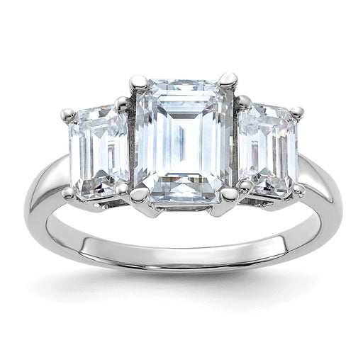 14kw 2 7/8ct. Three Stone D E F Pure Light Emerald-cut Moissanite Ring