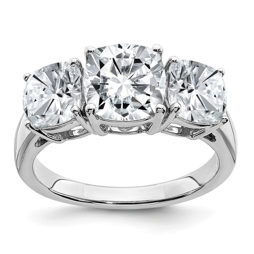 14kw 4 1/5ct. Three Stone G H I True Light Cushion Moissanite Ring
