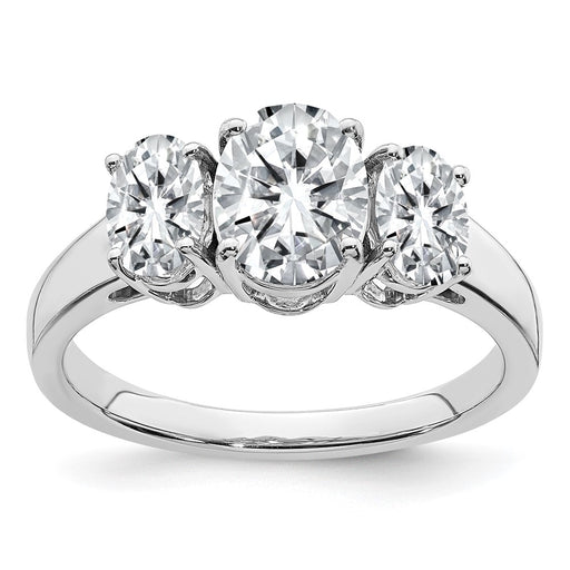 14kw 2 7/8ct. Three Stone G H I True Light Oval Moissanite Ring