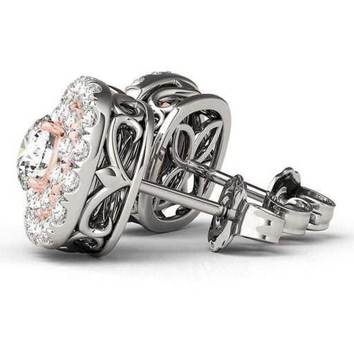 14k White and Rose Gold Cushion Shape Halo Diamond Earrings (3/4 cttw) Earrings Angelucci Jewelry   