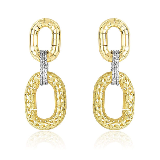 14k Two-Tone Gold Diamond Cut Texture Oval Shape Drop Earrings Earrings Angelucci Jewelry   