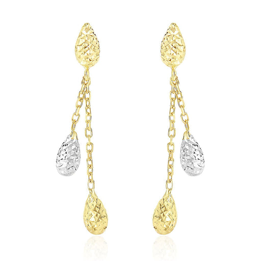 14k Two-Tone Gold Double Row Chain Earrings with Diamond Cut Teardrops Earrings Angelucci Jewelry   