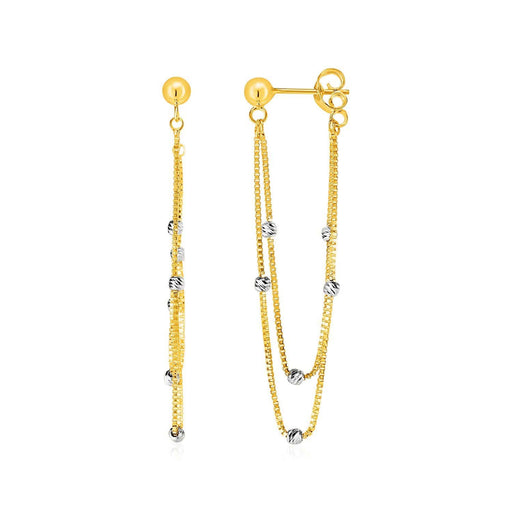 Hanging Chain Post Earrings with Bead Accents in 14k Yellow and White Gold Earrings Angelucci Jewelry   