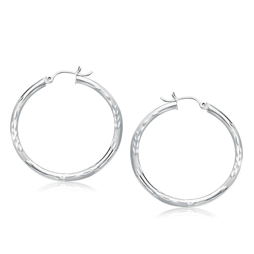 14k White Gold Fancy Diamond Cut Hoop Earrings (35mm Diameter) Earrings Angelucci Jewelry   