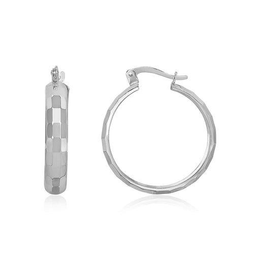 14k White Gold Geometric Textured Hoop Style Earrings Earrings Angelucci Jewelry   