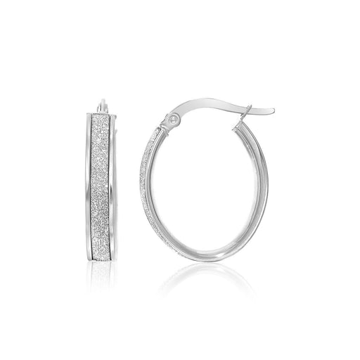 14k White Gold Glitter Center Oval Hoop Earrings Earrings Angelucci Jewelry   