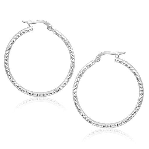 14k White Gold Tube Textured Round Hoop Earrings Earrings Angelucci Jewelry   