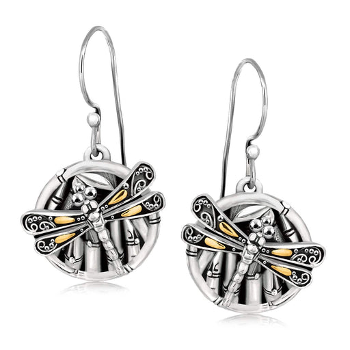 18k Yellow Gold and Sterling Silver Branch and Dragonfly Design Earrings Earrings Angelucci Jewelry   