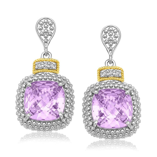 18k Yellow Gold & Sterling Silver Cushion Amethyst & Diamond Earrings (.05cttw) Earrings Angelucci Jewelry   