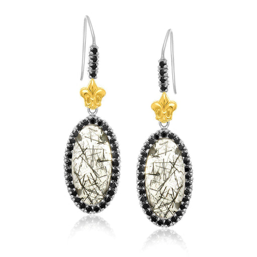 18k Yellow Gold & Sterling Silver Rutilated Quartz Fleur De Lis Drop Earrings Earrings Angelucci Jewelry   