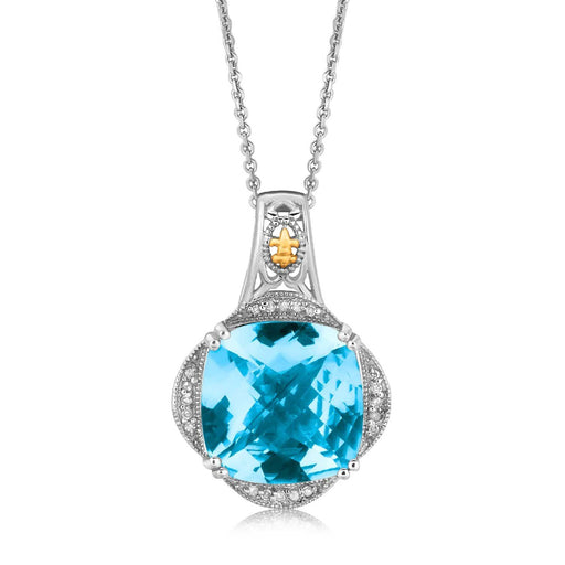 18k Yellow Gold and Sterling Silver Blue Topaz and Diamond Fleur De Lis Pendant Pendants Angelucci Jewelry   