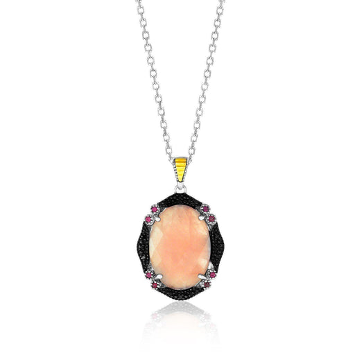 18k Yellow Gold & Sterling Silver Quartz,  Rhodolite,  and  Diamond Oval Pendant Pendants Angelucci Jewelry   