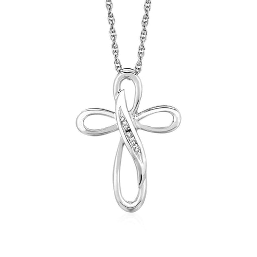 Open Cross Pendant with Leaf Motif Detail with Diamonds in Sterling Silver Pendants Angelucci Jewelry   