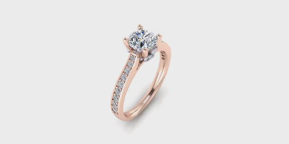 One Carat Round Center Diamond Engagement Ring with Side Diamonds w Fluer-Di-Lis Yellow Gold Accent-Angelucci Jewelry